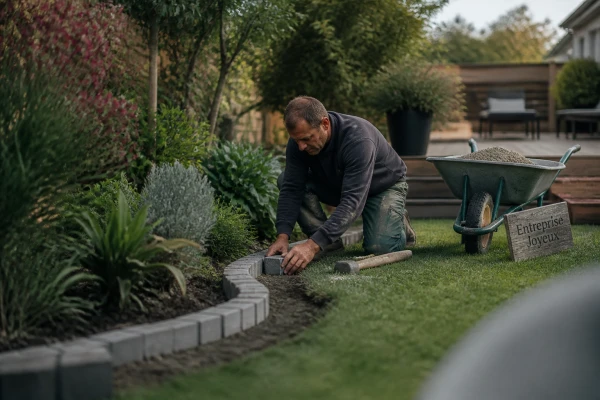 Réalisation allée pavés autobloquants jardin Combs-la-Ville
